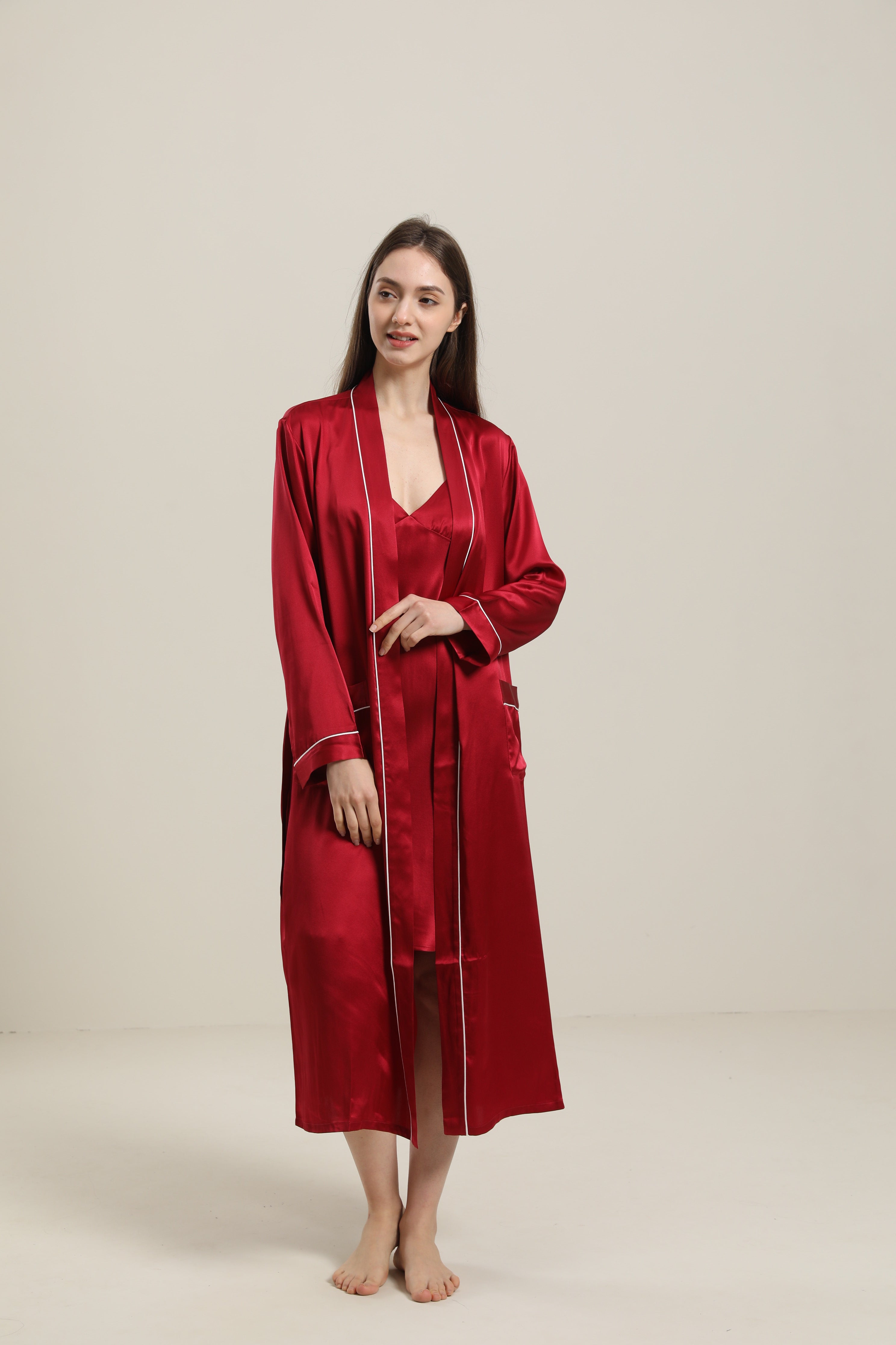 Washable Pure Color Silk Robe For Women, Red