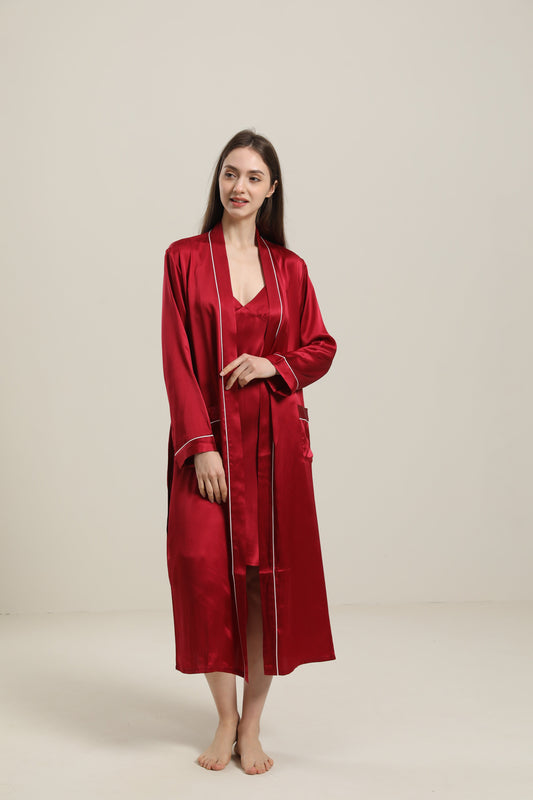 Washable Pure Color Silk Robe For Women, Red