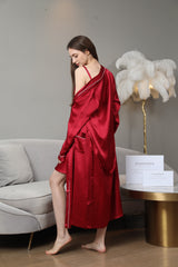 Washable Pure Color Silk Robe For Women, Red