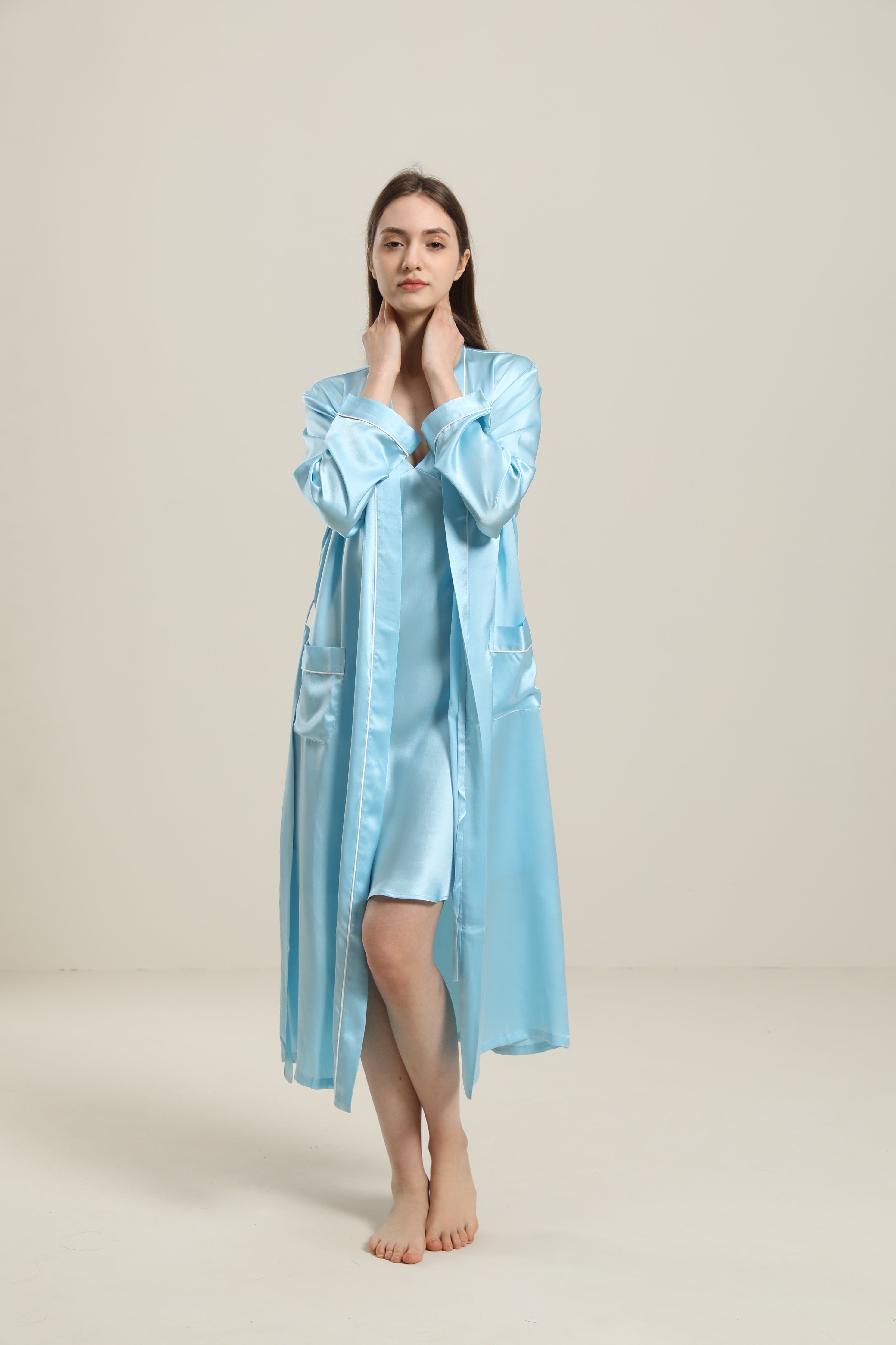 Washable Pure Color Silk Robe For Women, Blue
