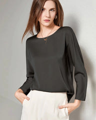 Women Basic Round Neck Silk Blouse Black