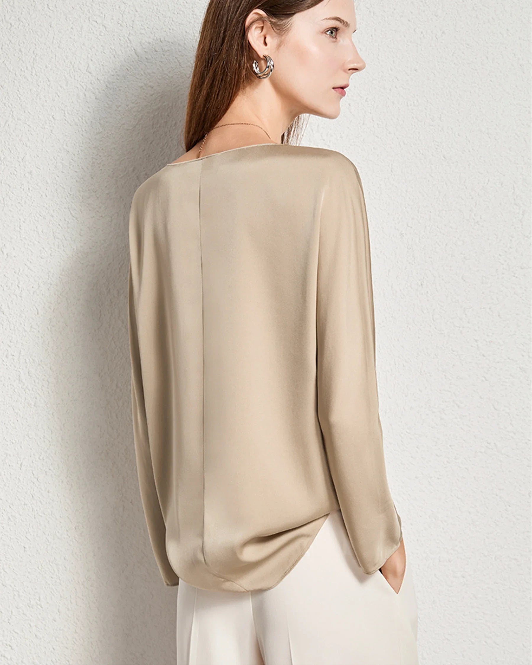 Women Basic Round Neck Silk Blouse Champagne