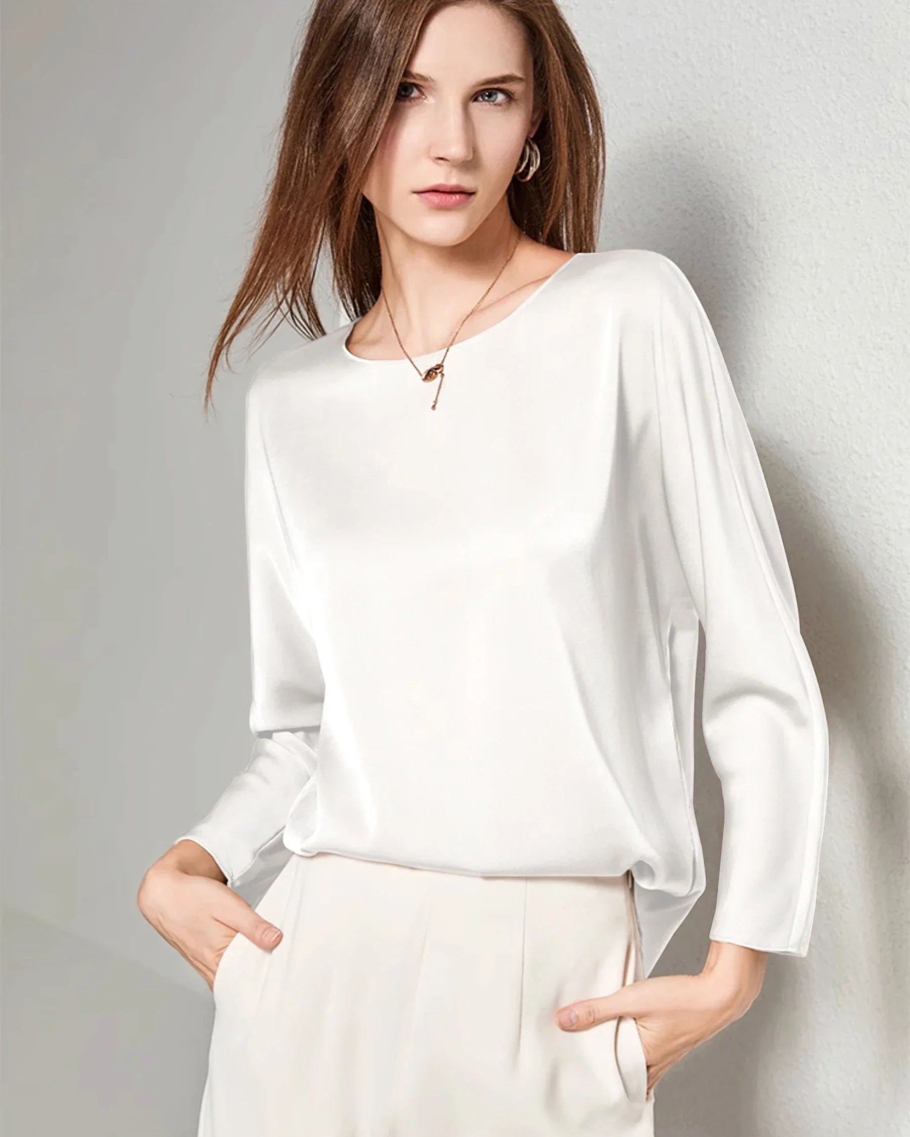 Women Basic Round Neck Silk Blouse Ivory