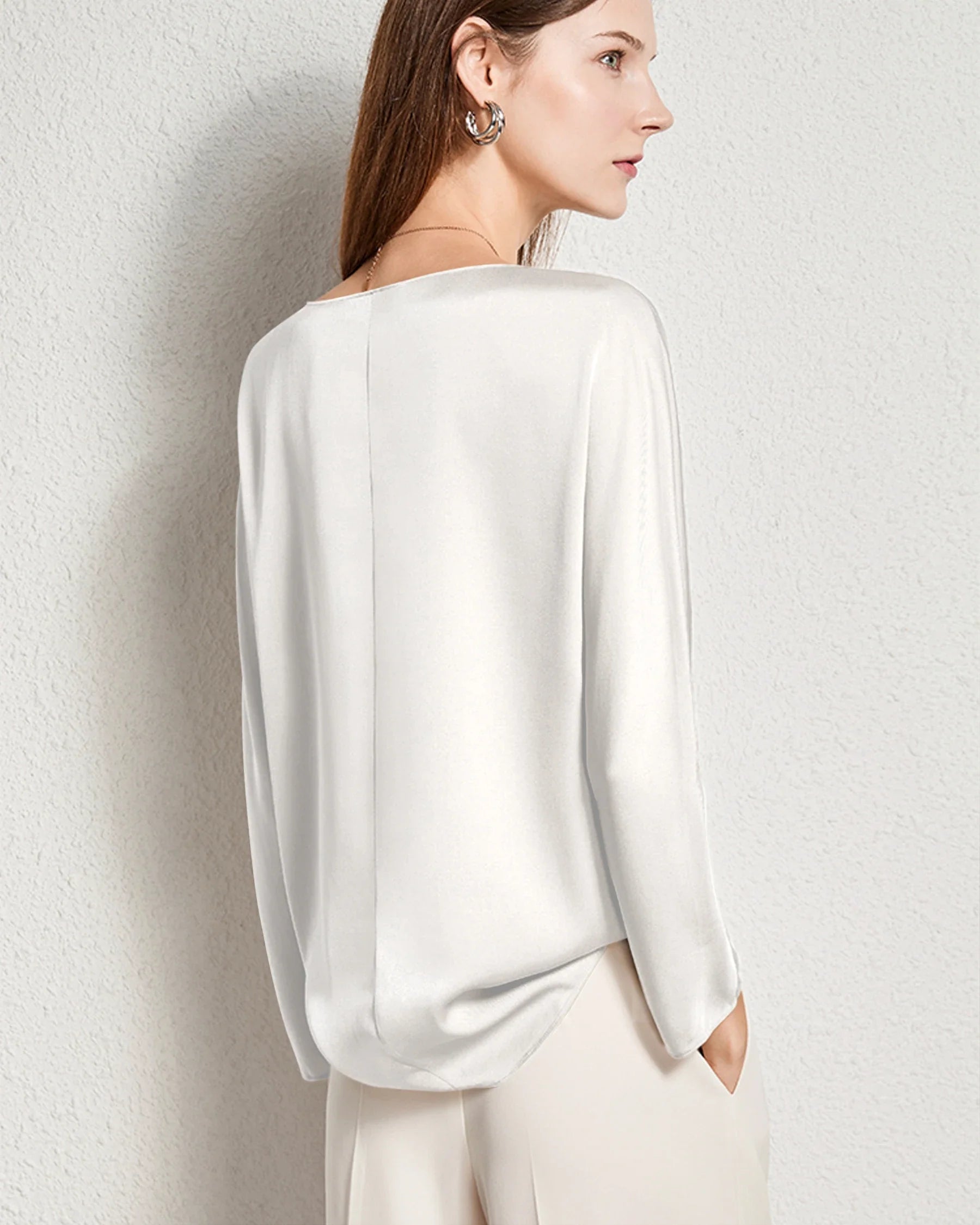 Women Basic Round Neck Silk Blouse Ivory