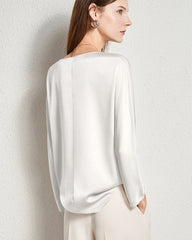 Women Basic Round Neck Silk Blouse Ivory