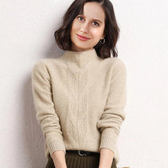 Mock Neck Knit Cashmere Sweater, Beige