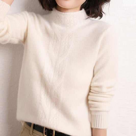 Mock Neck Knit Cashmere Sweater, White