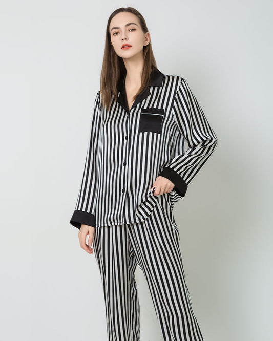 Striped Silk Pajamas Set Sleepwear, Black and White