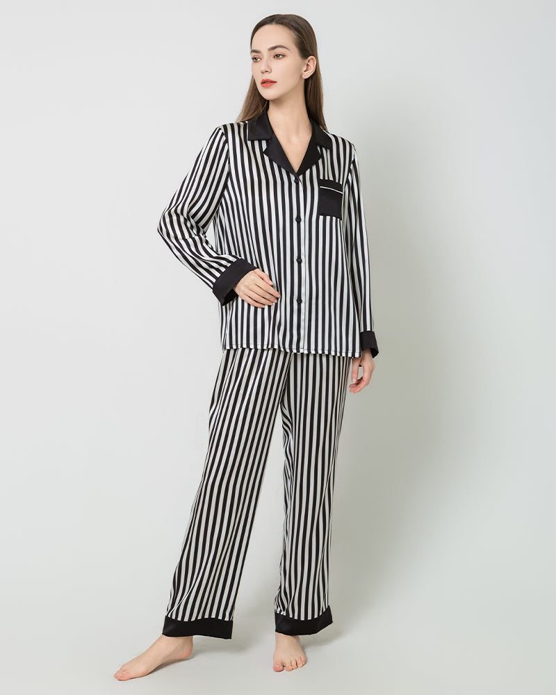 Striped Silk Pajamas Set Sleepwear, Black and White