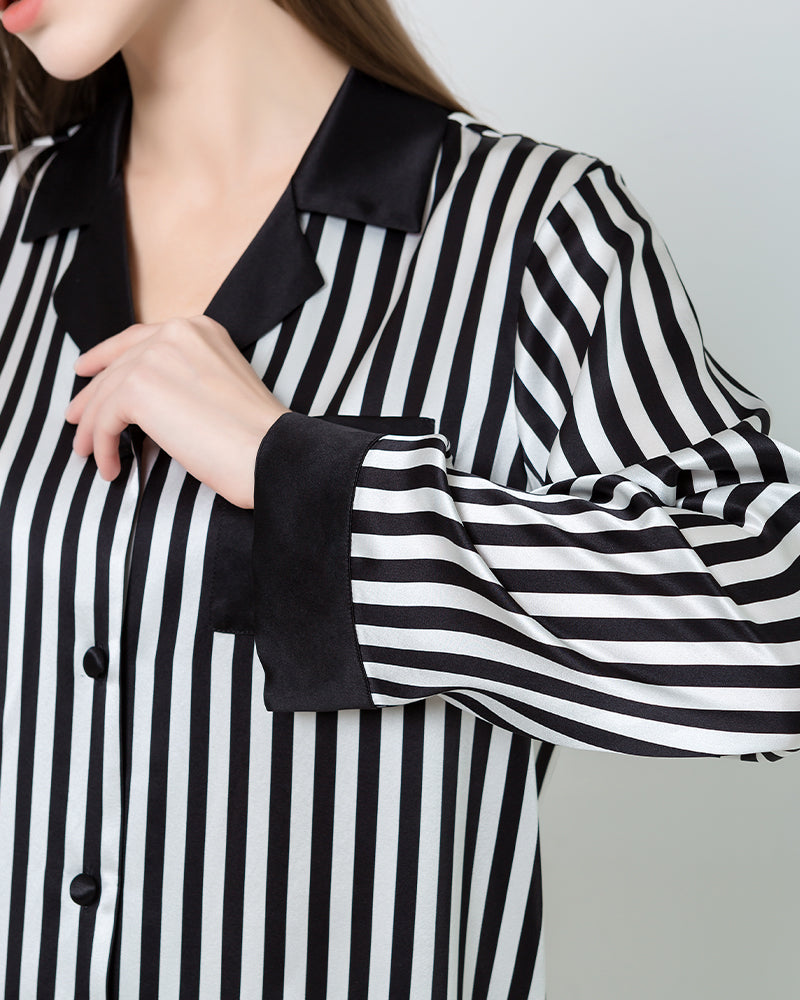 Striped Silk Pajamas Set Sleepwear, Black and White
