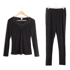 100% Silk Women Thermal Underwear Set, Black