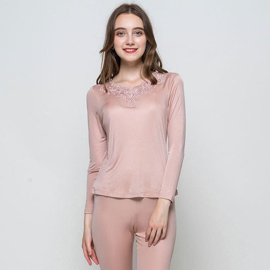 100% Silk Women Thermal Underwear Set, Pink