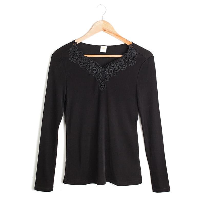 100% Silk Women Thermal Underwear Top, Black