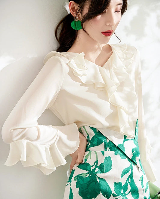 Women's Silk Ruffle Blouse, Cream