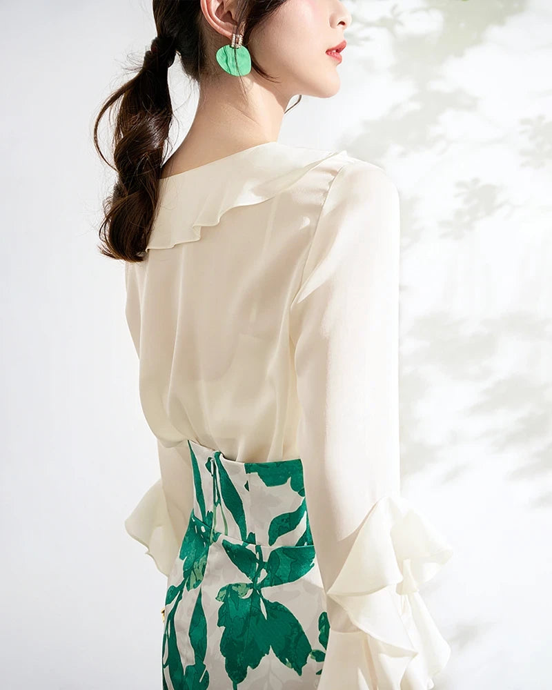 Women's Silk Ruffle Blouse, Cream