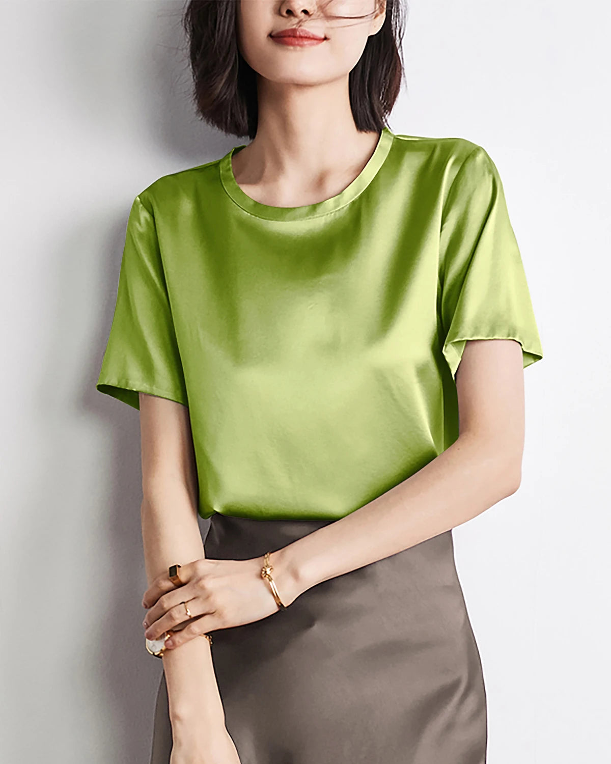 Women's Short Sleeve Silk Blouse, Mustard Green