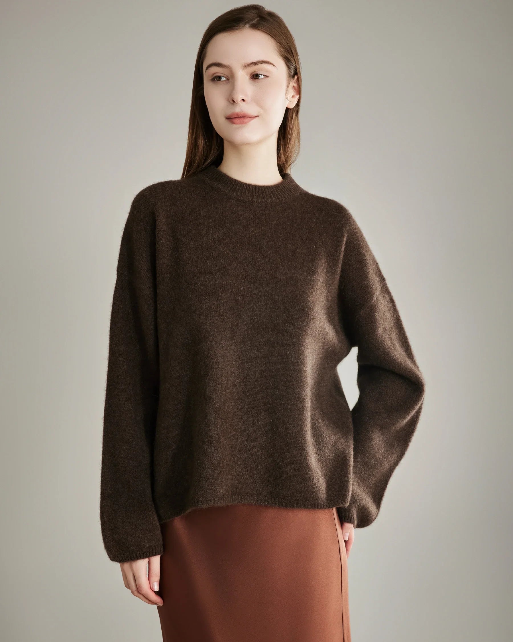 Oversize Crew Neck Cashmere Sweater, Brown