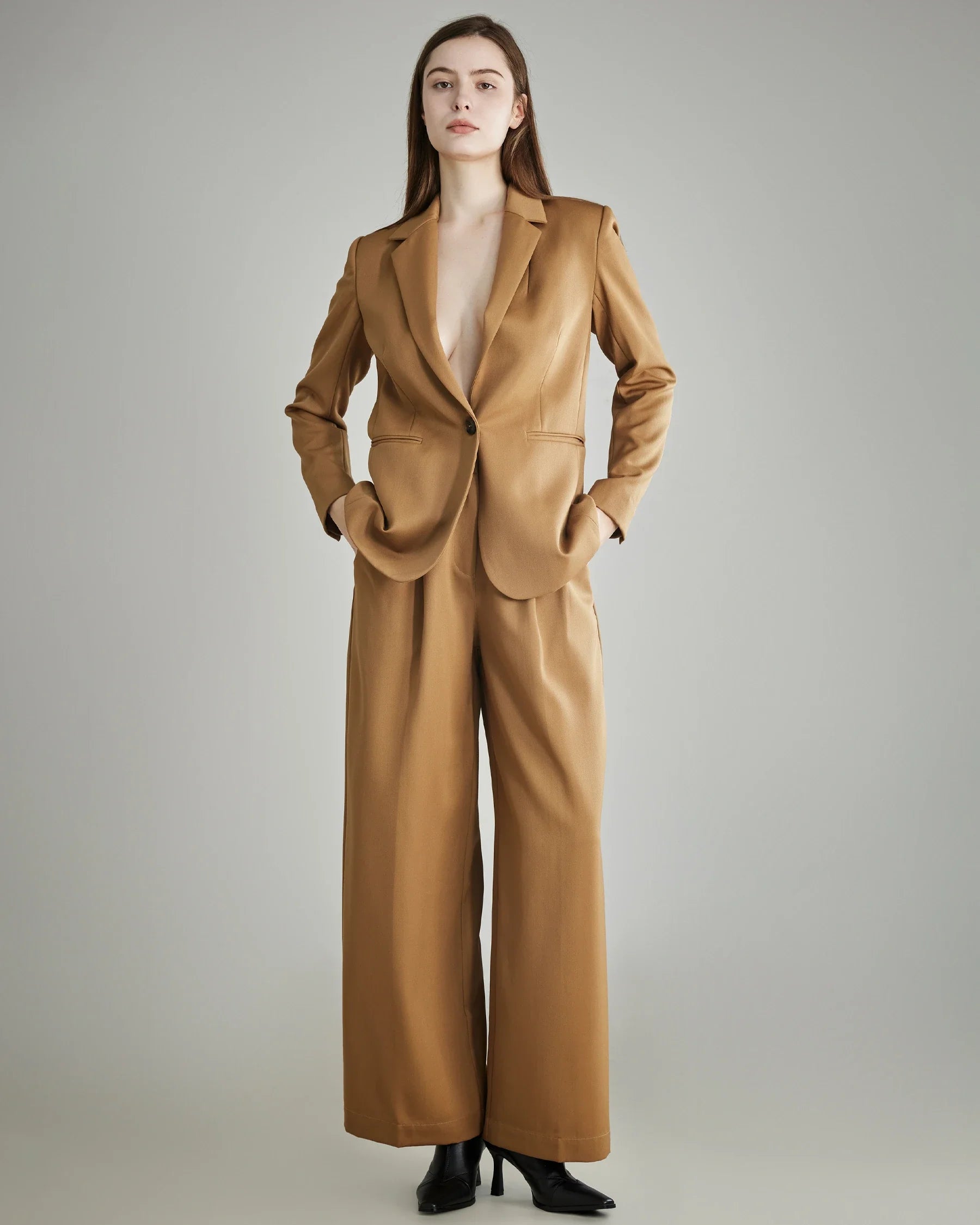 Women's Pleated Wool Wide Leg Pants, Camel