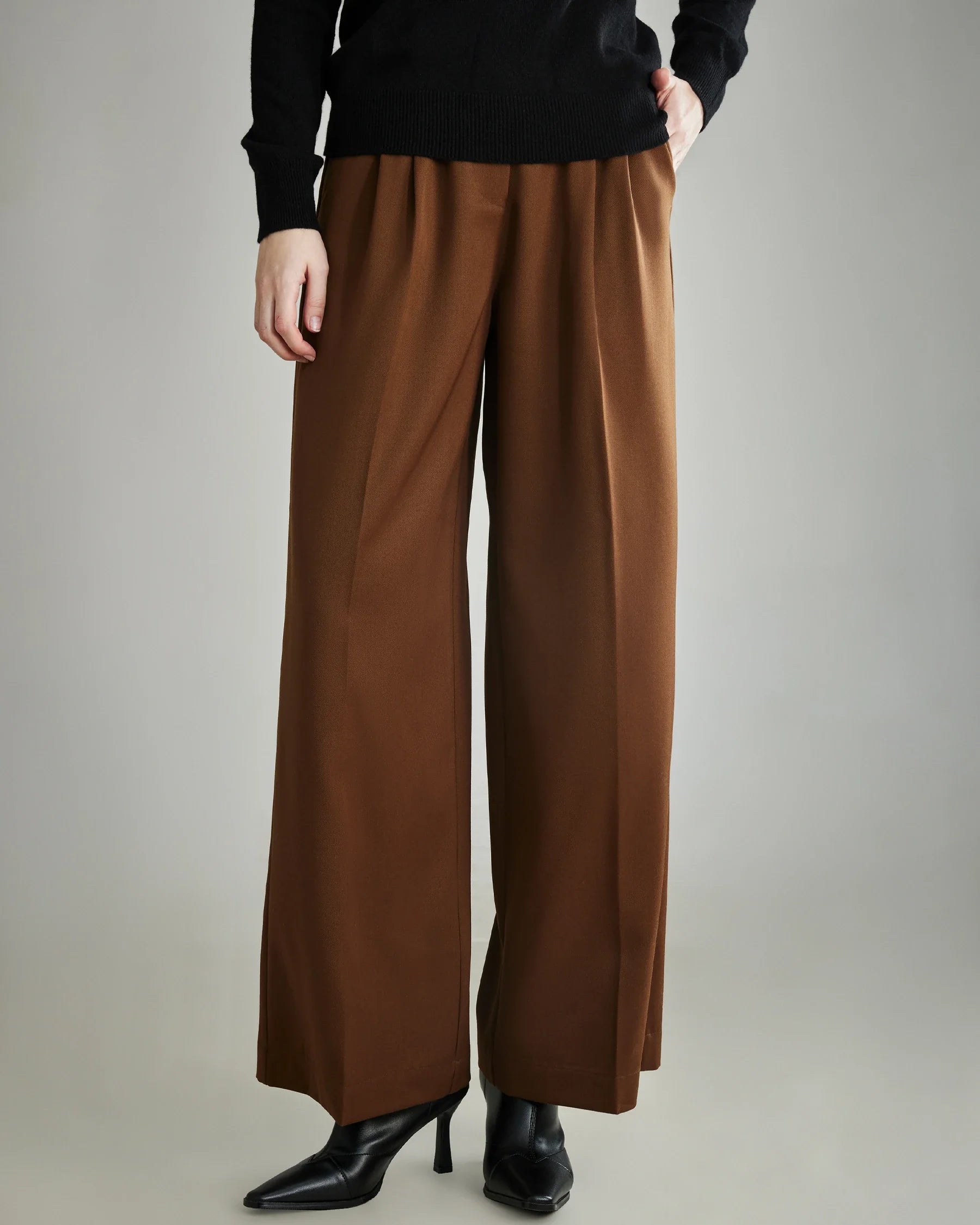 Women's Pleated Wool Wide Leg Pants, Caramel