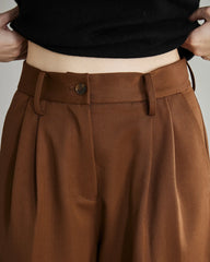 Women's Pleated Wool Wide Leg Pants, Caramel