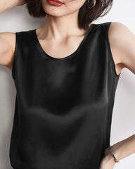 Round Neck Silk Shell Tank Black