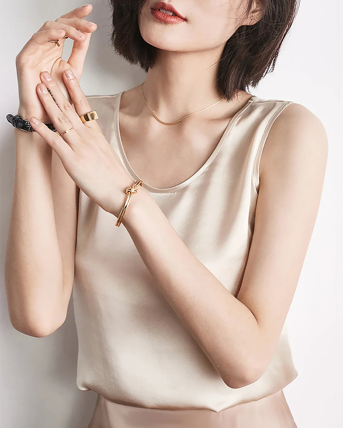 Round Neck Silk Shell Tank Champagne