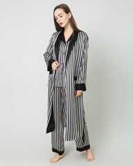 Women's Silk Satin Black And White Striped Long Robe