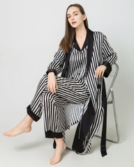 Women's Silk Satin Black And White Striped Long Robe