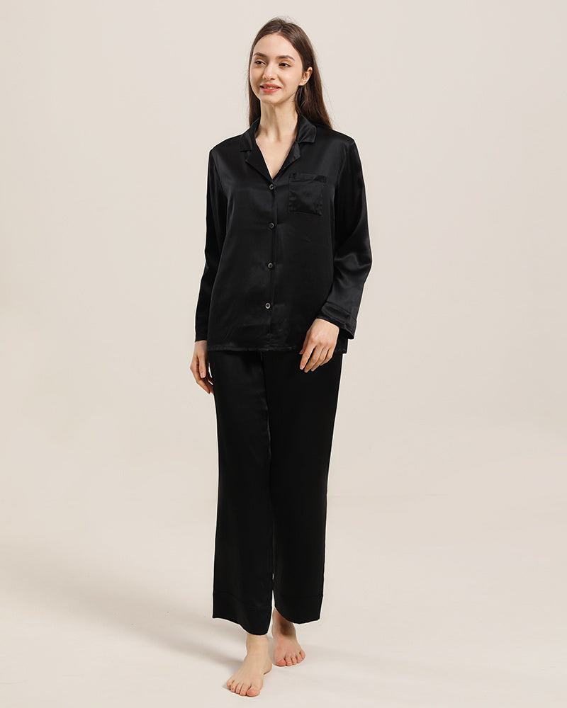 Women's Silk Two Piece Pajamas, Black
