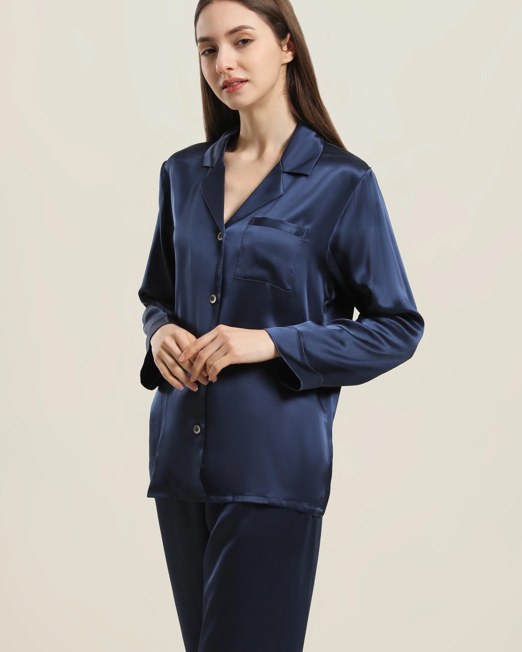 Women's Silk Two Piece Pajamas, Navy