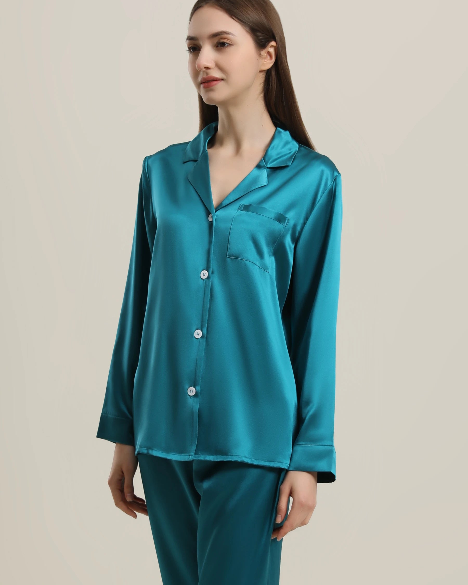 Women's Silk Two Piece Pajamas, Peacock Blue