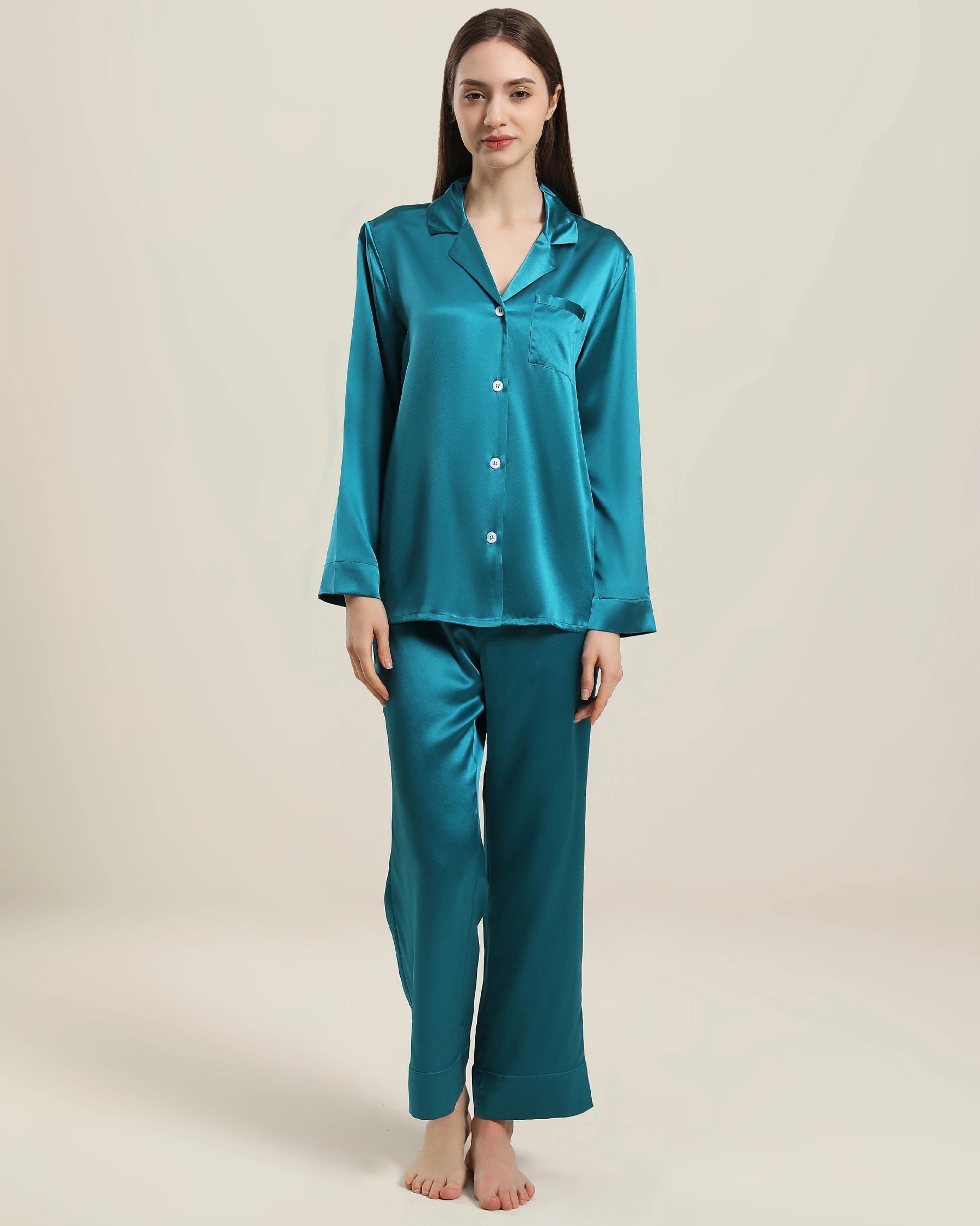Women's Silk Two Piece Pajamas, Peacock Blue