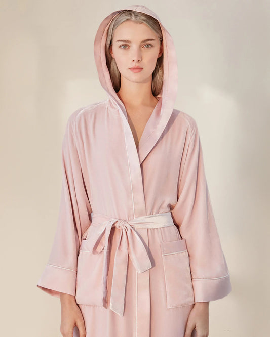 Women's Hooded Silk Velvet Robe, Pink