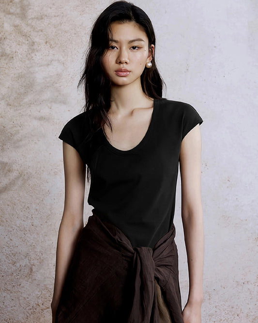 Women’s Slim Fit Silk Cap Sleeve Tee, Black