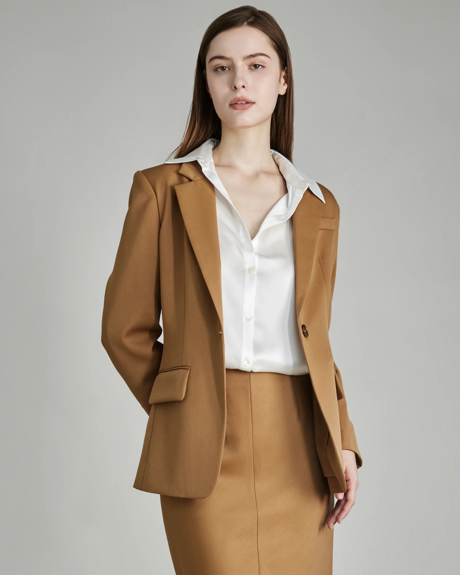 Women's Wool Blazer with Single Button, Camel