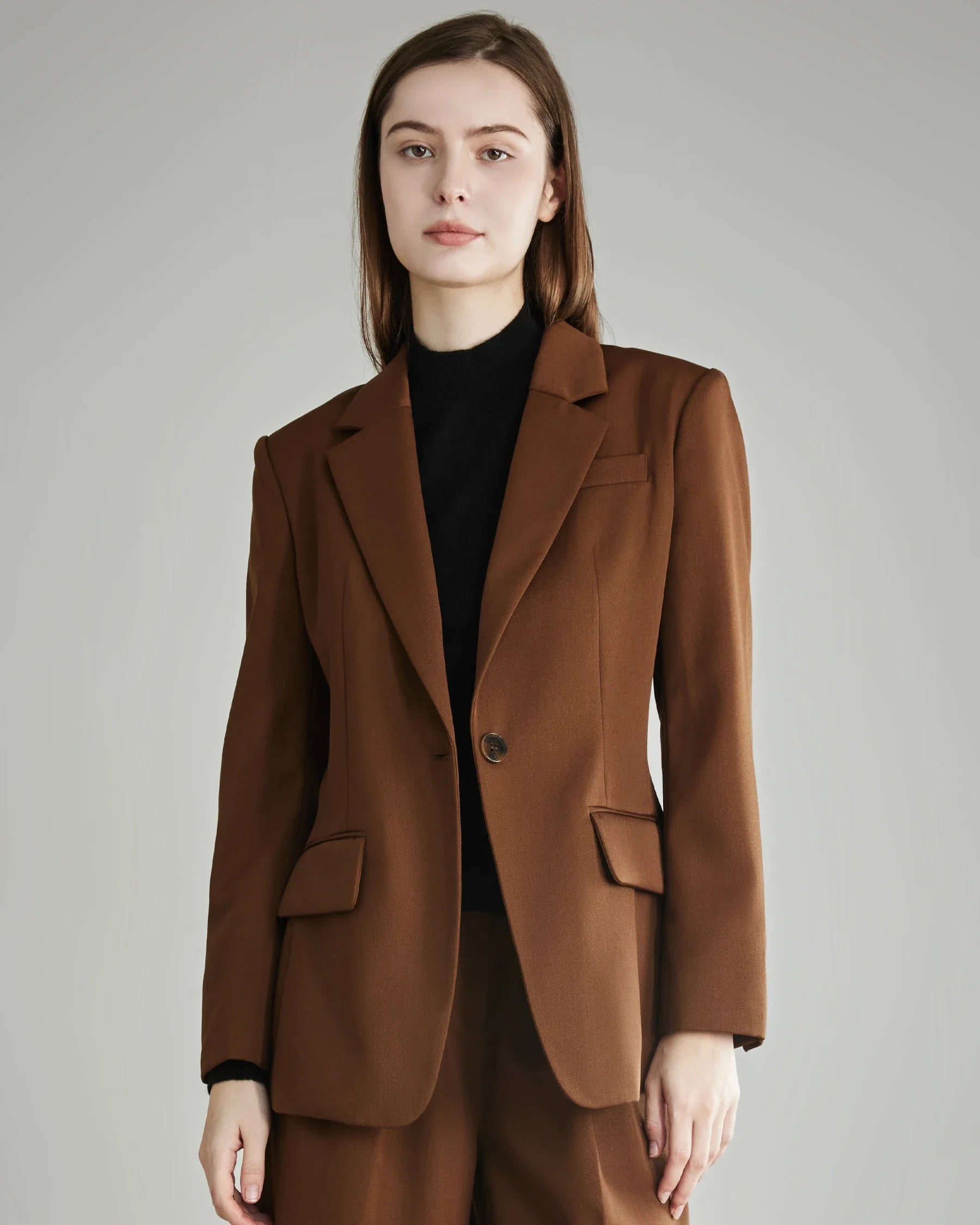 Women's Wool Blazer with Single Button, Caramel