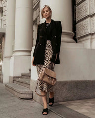 Women's Zebra Print Midi Silk Skirt, Black And White