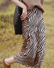 Women's Zebra Print Midi Silk Skirt, Black And White