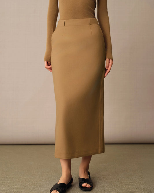 Women's Long Wool Pencil Skirt, Camel