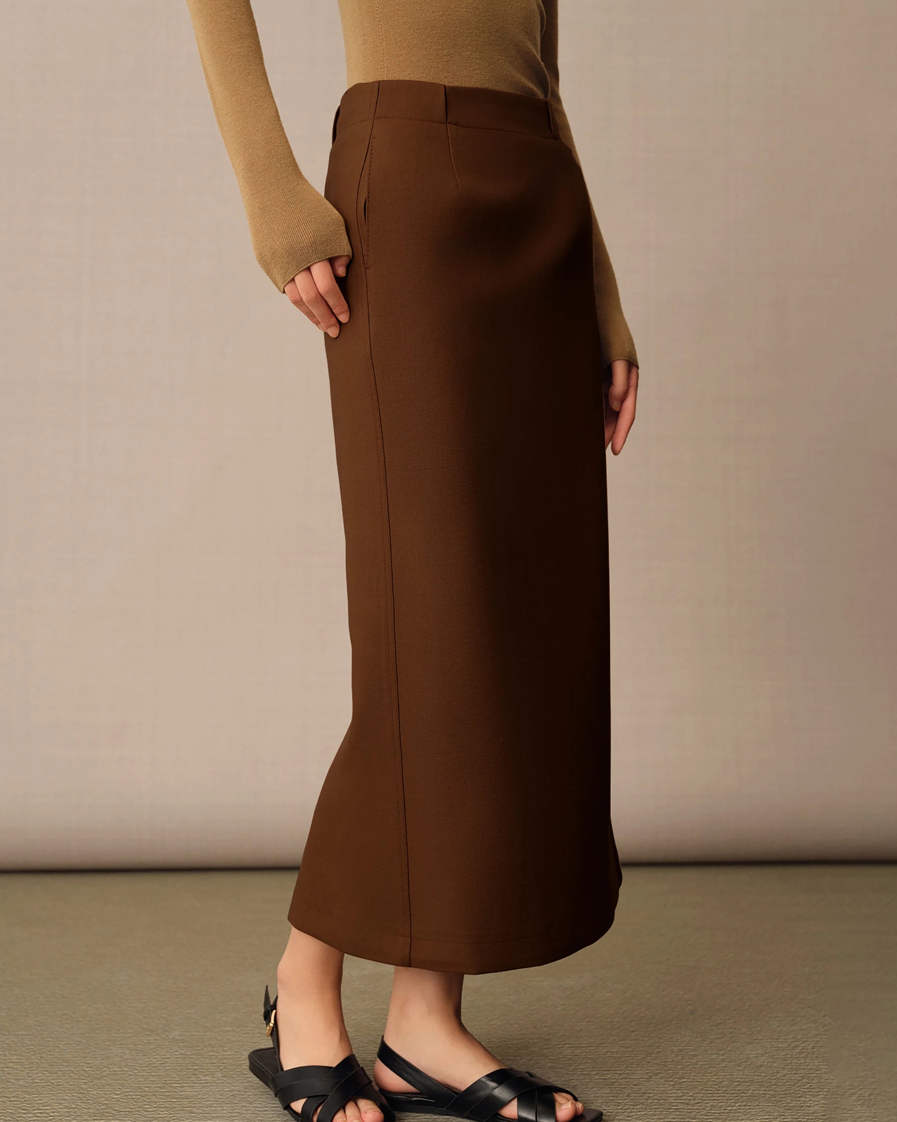 Women's Long Wool Pencil Skirt, Caramel