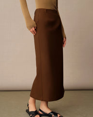 Women's Long Wool Pencil Skirt, Caramel