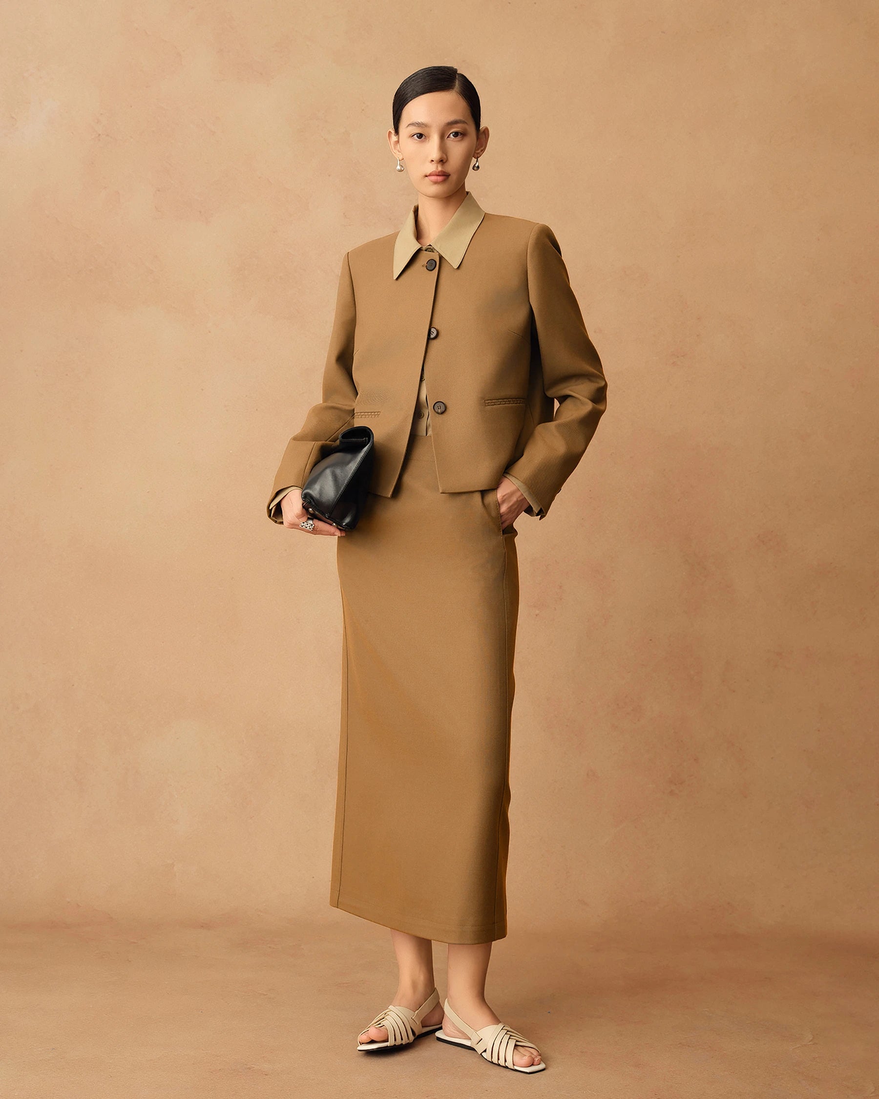 Women's Long Wool Pencil Skirt, Camel