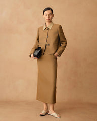 Women's Long Wool Pencil Skirt, Camel
