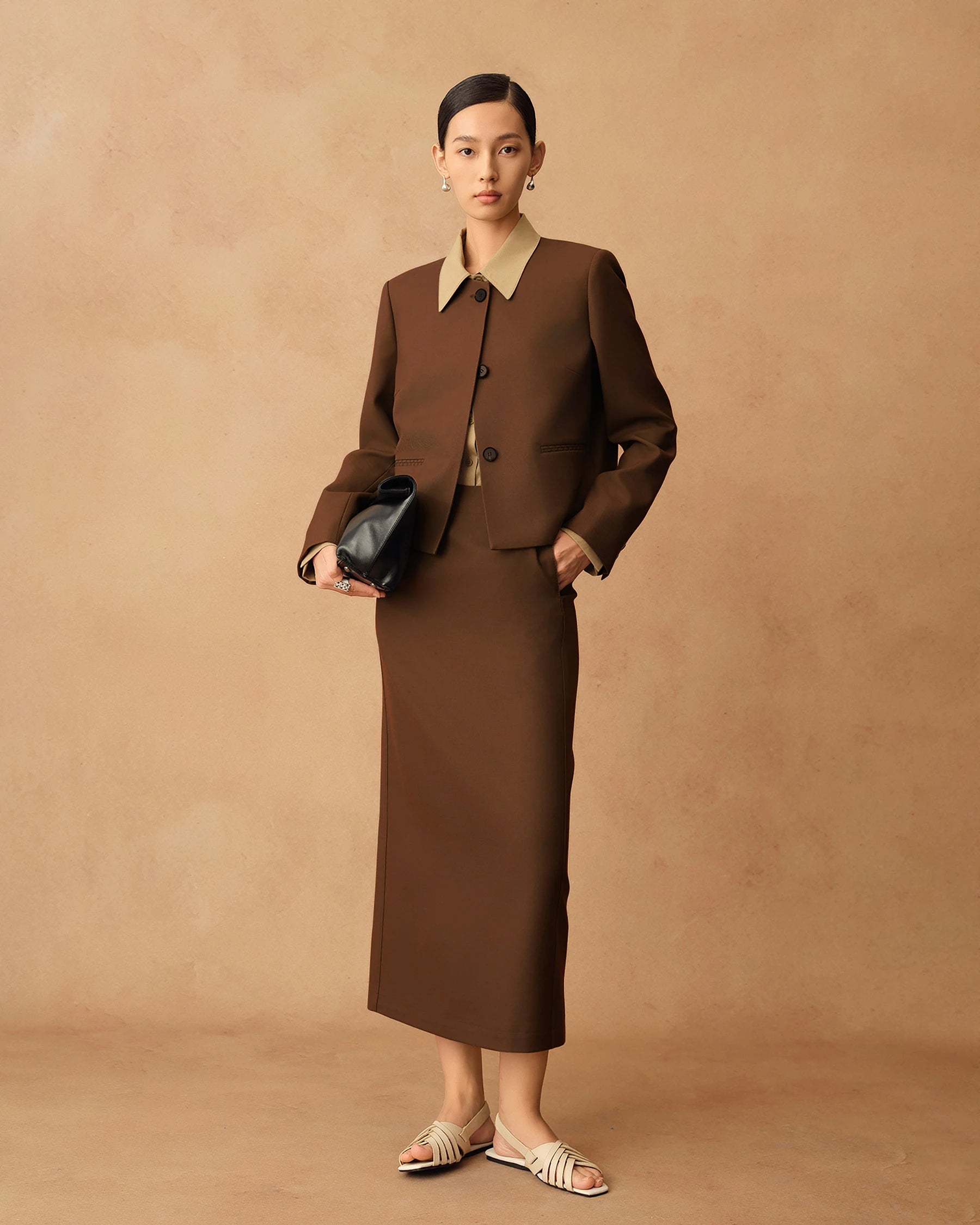 Women's Long Wool Pencil Skirt, Caramel