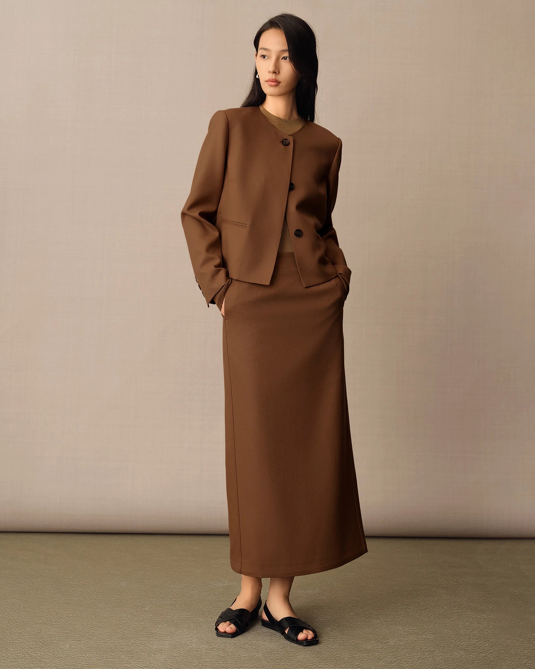 Women's Long Wool Pencil Skirt, Caramel
