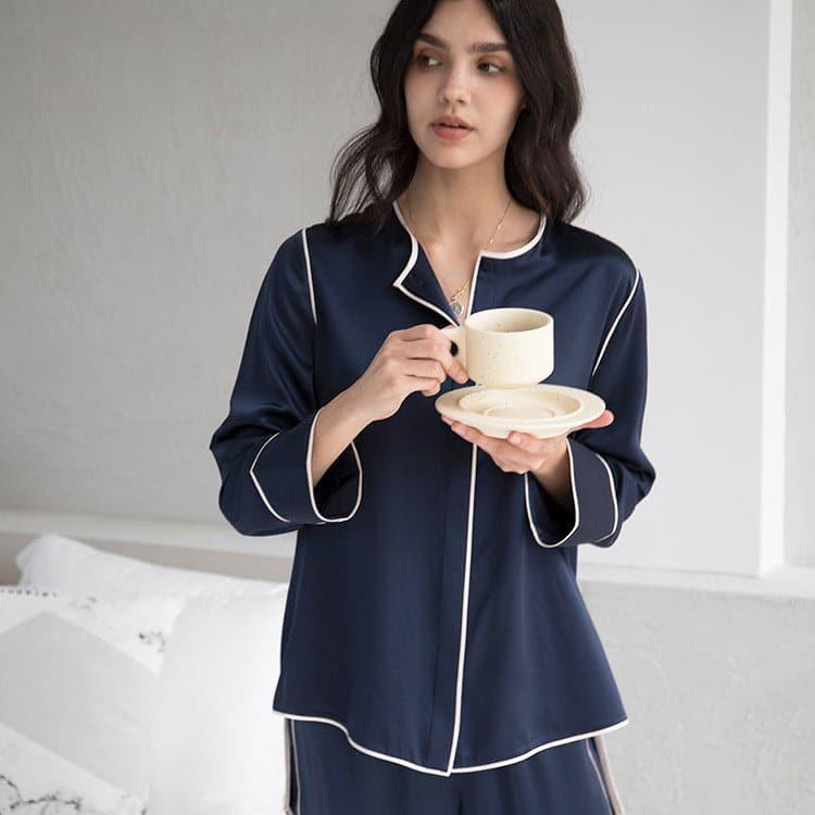 Women's Round Neck Silk Pajama Set, Navy