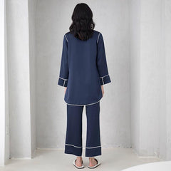 Women's Round Neck Silk Pajama Set, Navy