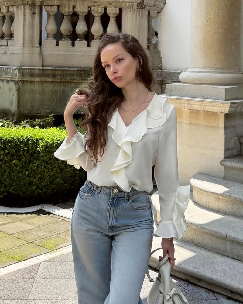 Women's Silk Ruffle Blouse, Cream