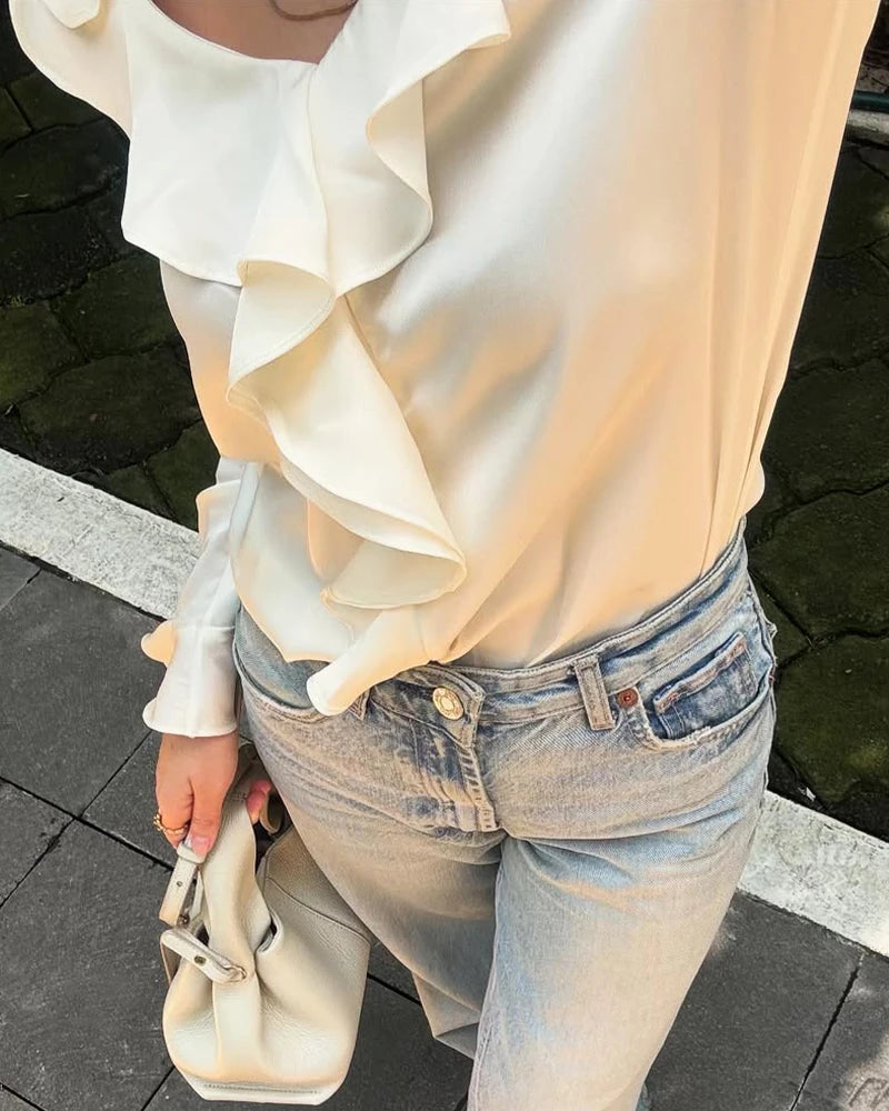 Women's Silk Ruffle Blouse, Cream