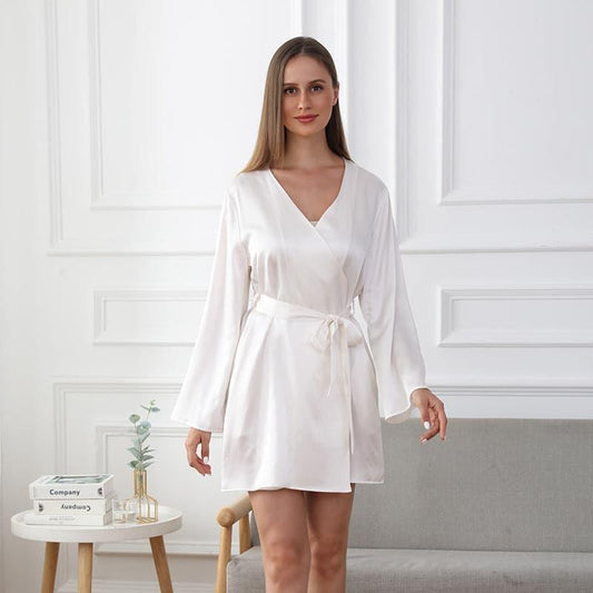 Women's Washable Silk Short Robe, White